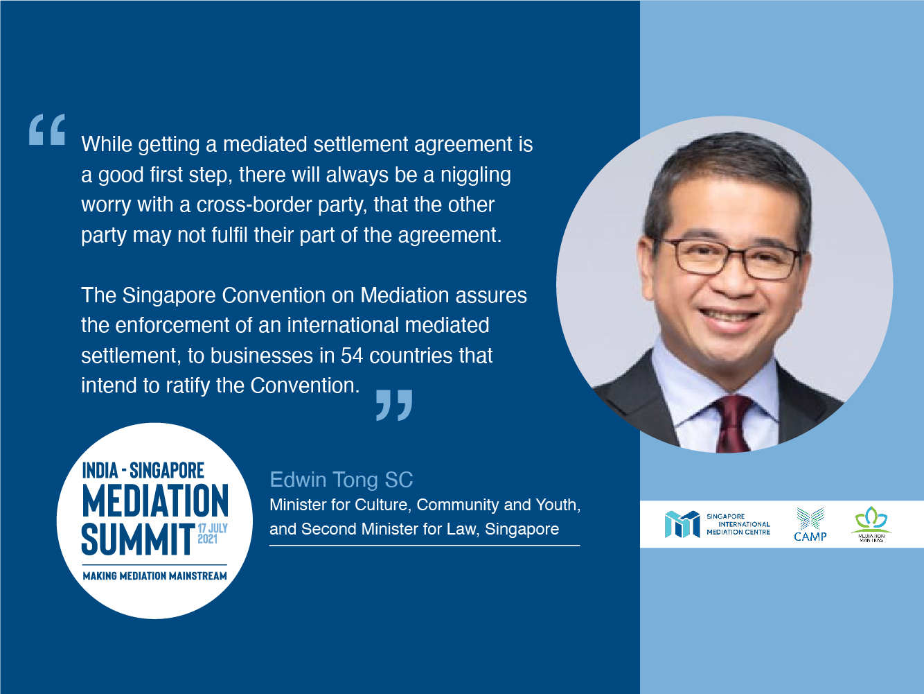 Edwin Tong SC, Minister for Culture, Community and Youth, and Second Minister for Law, at India - Singapore Mediation Summit 2021